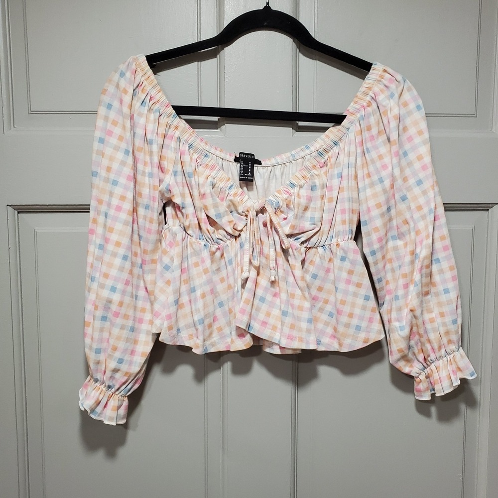 Forever 21 Women Pink Puff Sleeve Square Neck Cropped Blouse Women's Size M